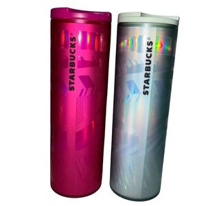 Starbucks Travel Tumbler Set 2pk 16oz Pink Mint Green Excellent Holographic EUC‎